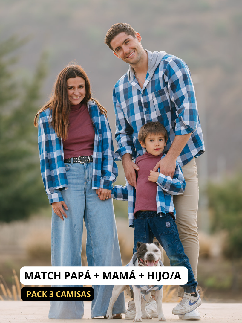 Pack 3 Camisas Franela con capucha Papá + Mamá + hijo/a | Azul 100% Algodón
