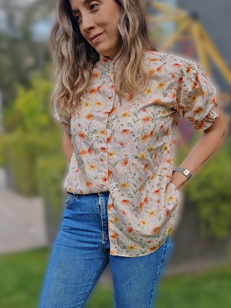 Blusa mujer Flores cuello Mao 100% Viscosa