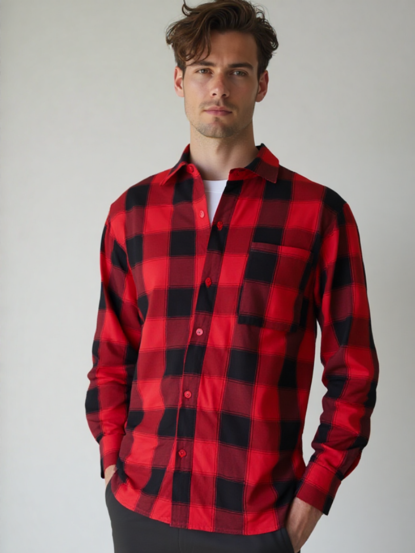 Camisa Hombre Franela Aurelio cuadros rojo con negro