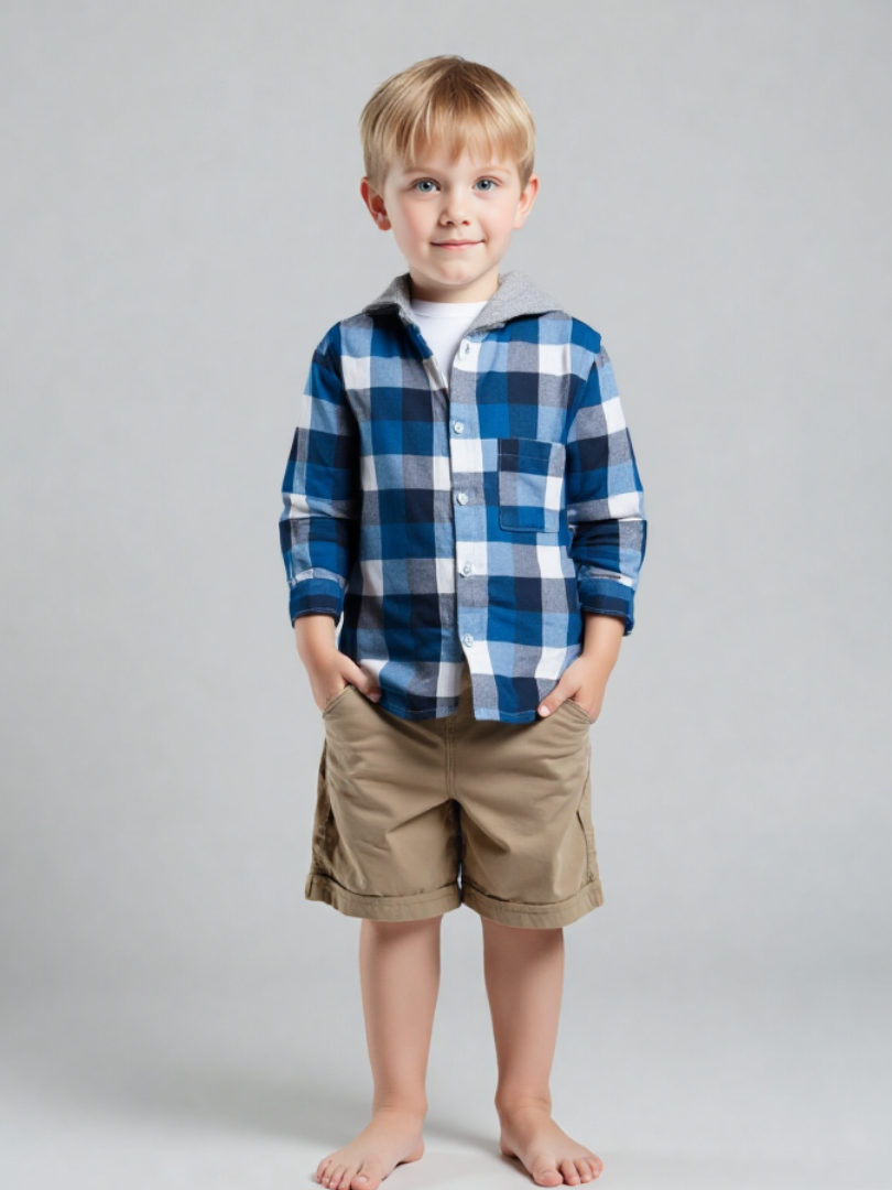 Camisa con capucha niño/a 100% algodón Franela cuadros azul con blanco