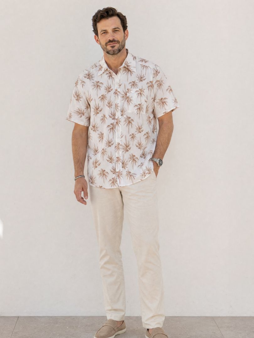 Guayabera Hombre Palmeras Crudo/Terracota 100% Algodón