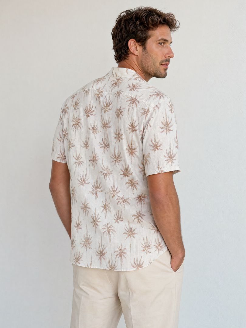 Guayabera Hombre Palmeras Crudo/Terracota 100% Algodón