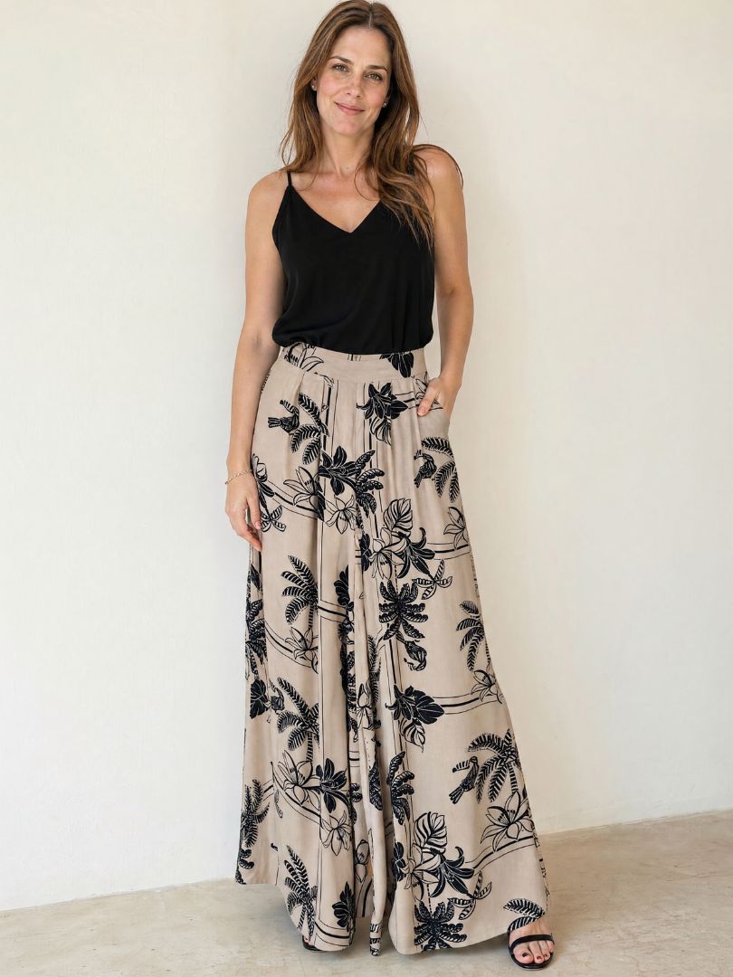 Pantalón Palazzo Mujer Tropical Crudo/Negro 100% Viscosa