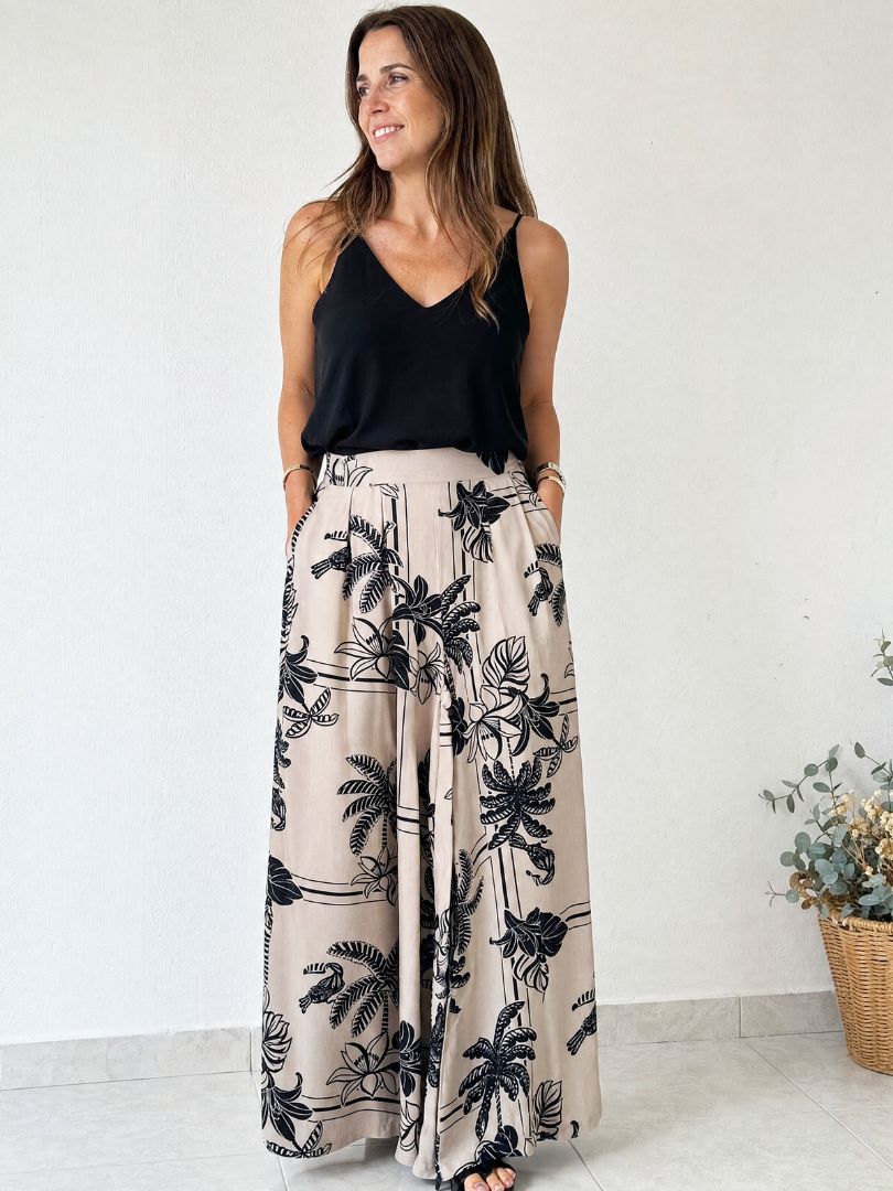 Pantalón Palazzo Mujer Tropical Crudo/Negro 100% Viscosa