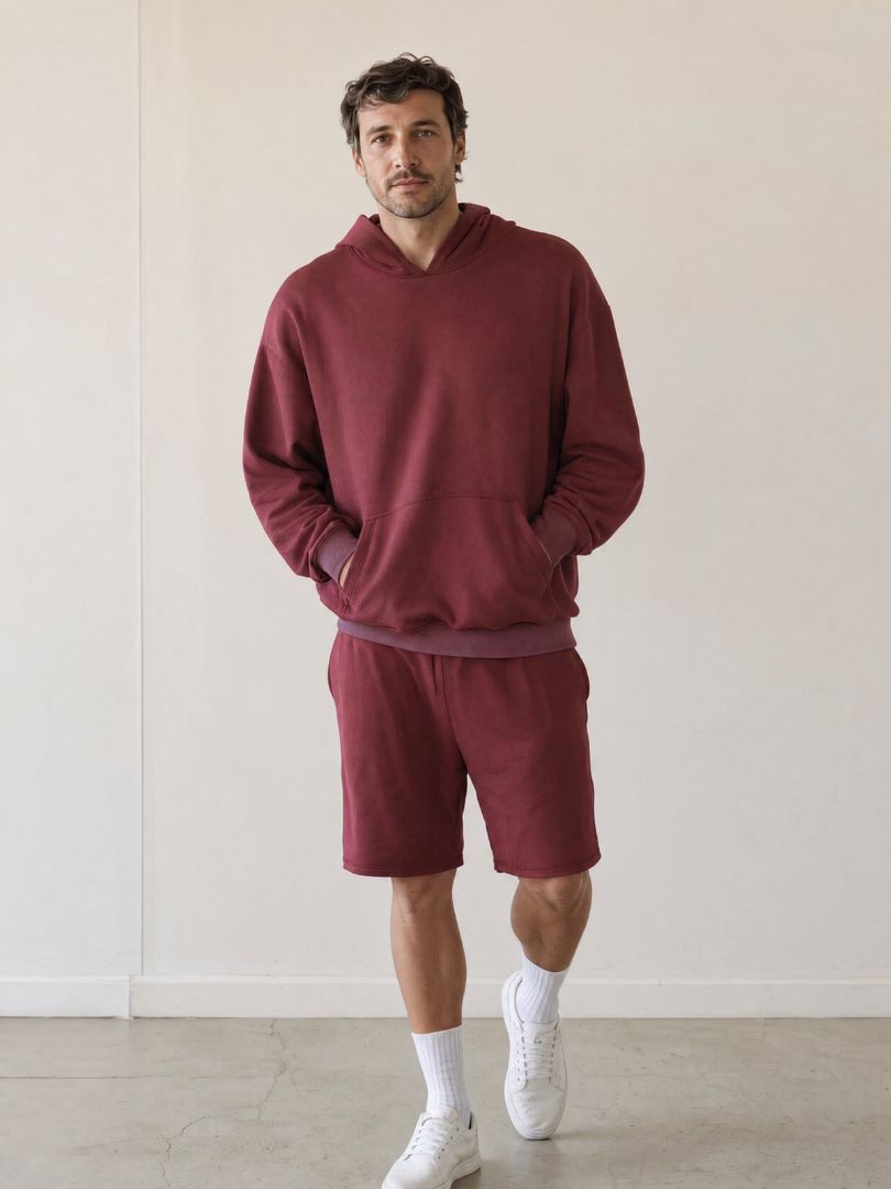 Conjunto Polerón con Capucha + Short Hombre Burdeo Algodón