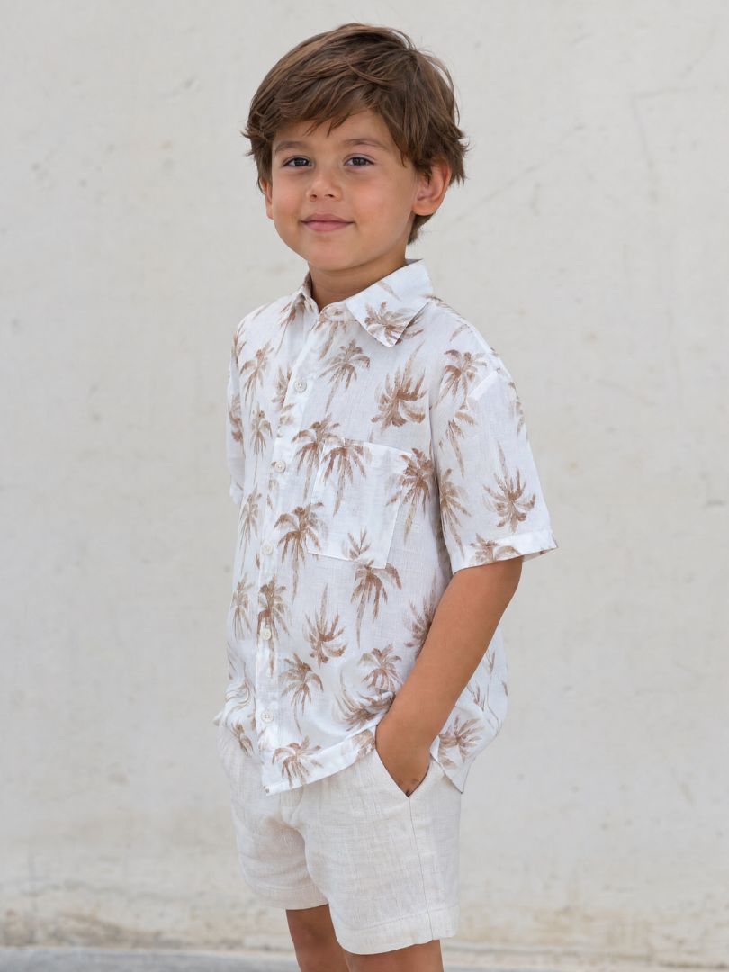 Guayabera Niño Palmeras Crudo/Terracota 100% Algodón