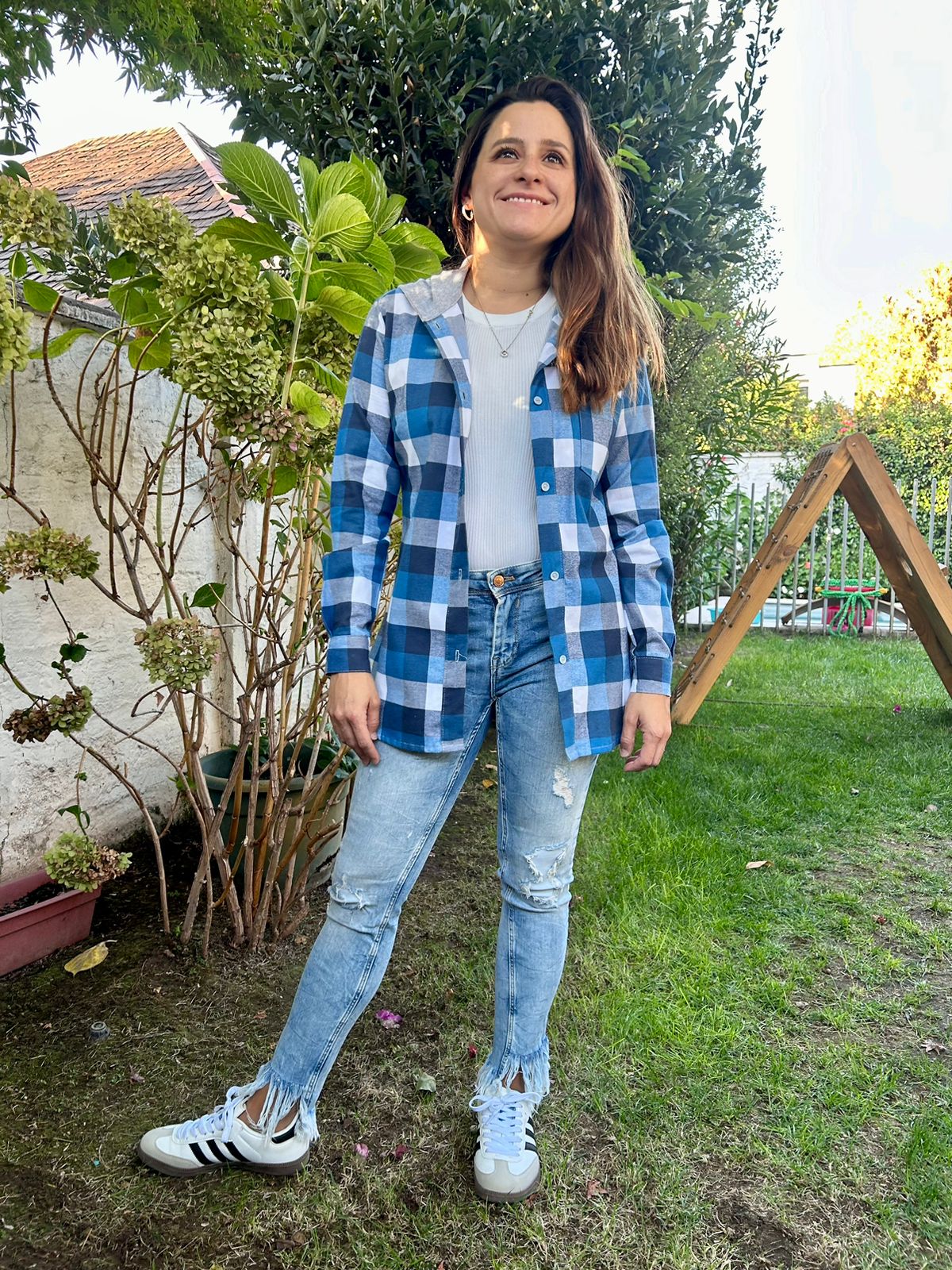 Camisa con capucha Mujer 100% algodón Franela cuadros azul con blanco