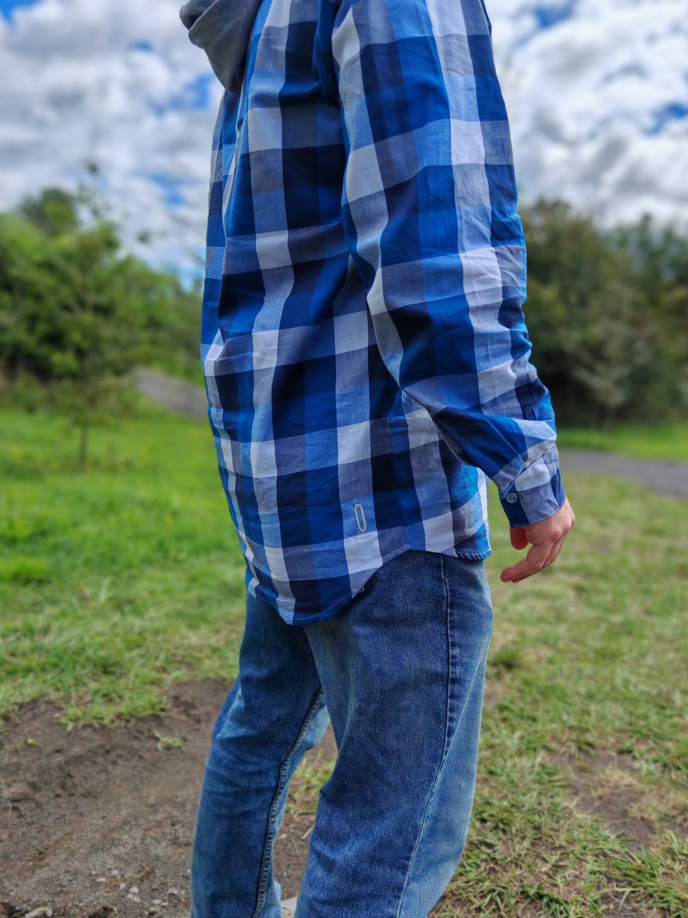 Camisa Hombre Franela Gustavo cuadros azul con blanco