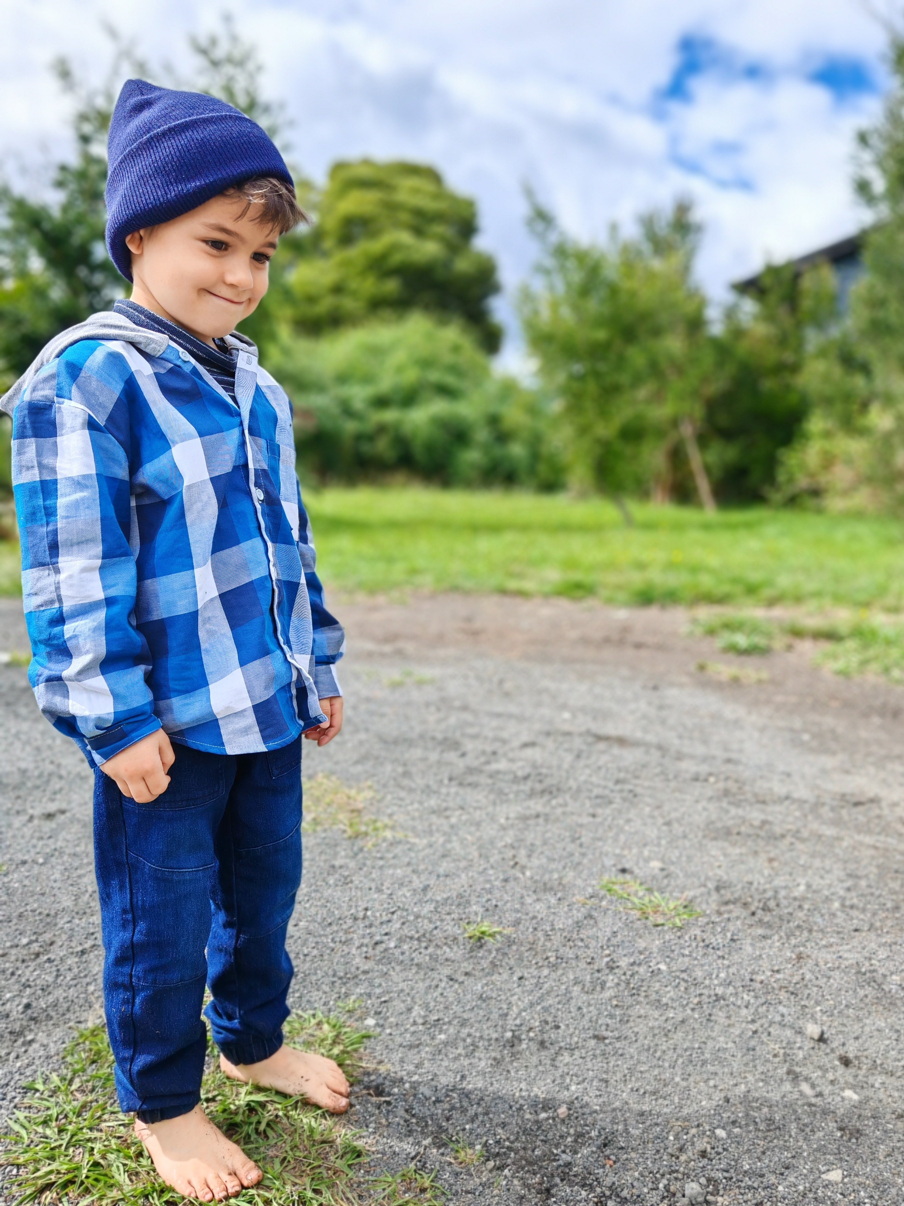Camisa con capucha niño/a 100% algodón Franela cuadros azul con blanco
