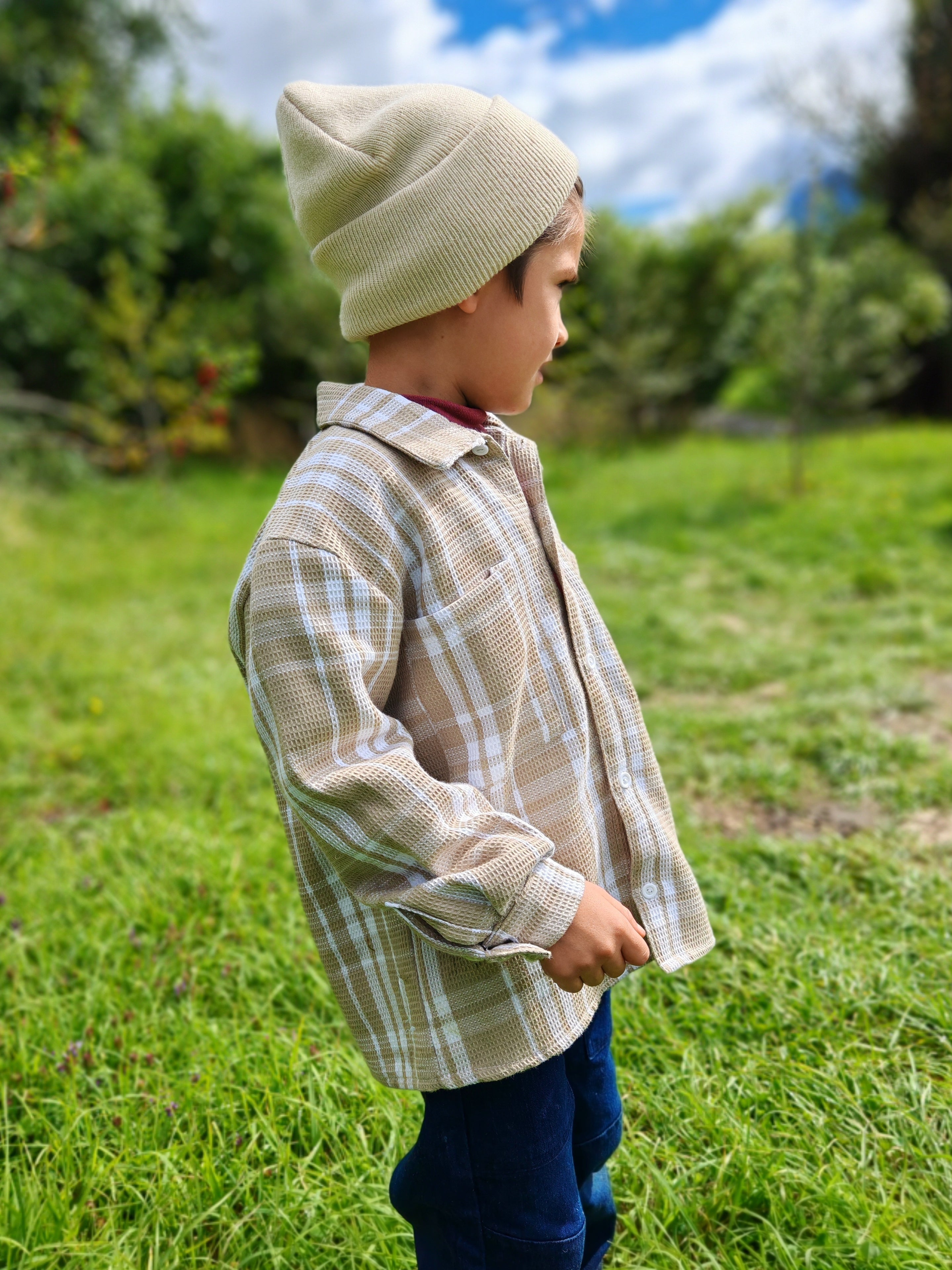Camisera Infantil Unisex cuadrille beige/blanco | 100% Algodón
