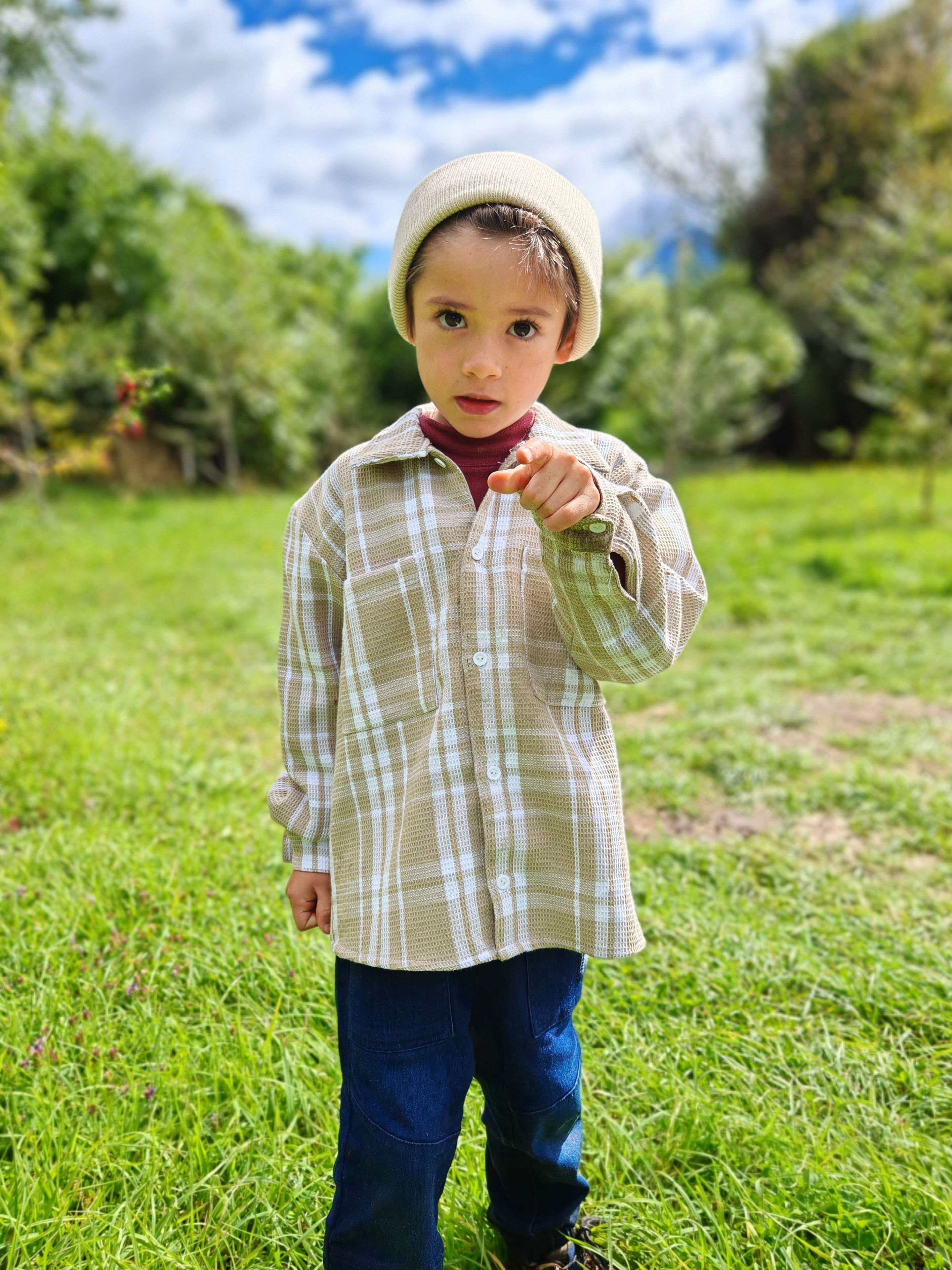 Camisera Infantil Unisex cuadrille beige/blanco | 100% Algodón