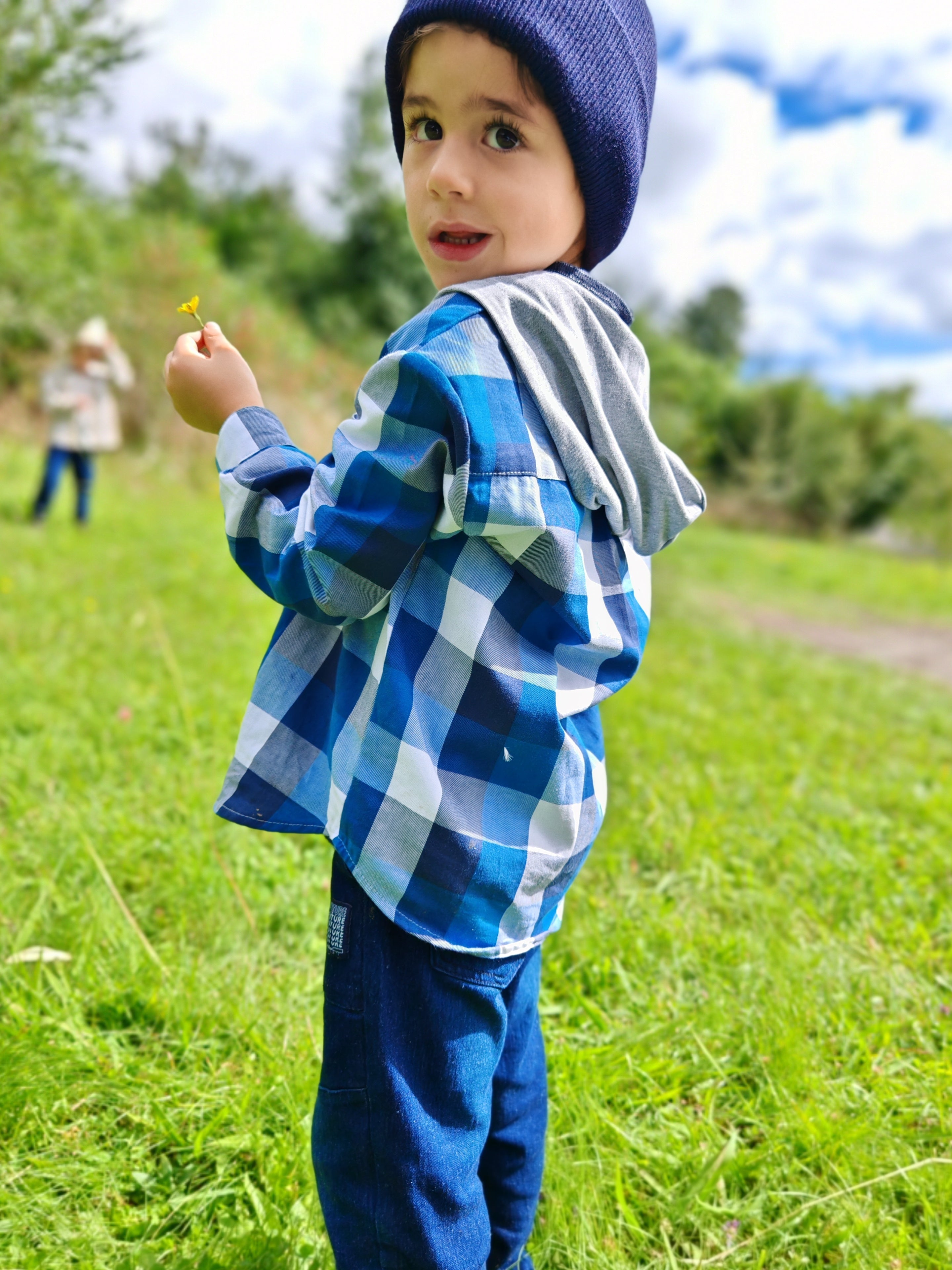 Camisa con capucha niño/a 100% algodón Franela cuadros azul con blanco