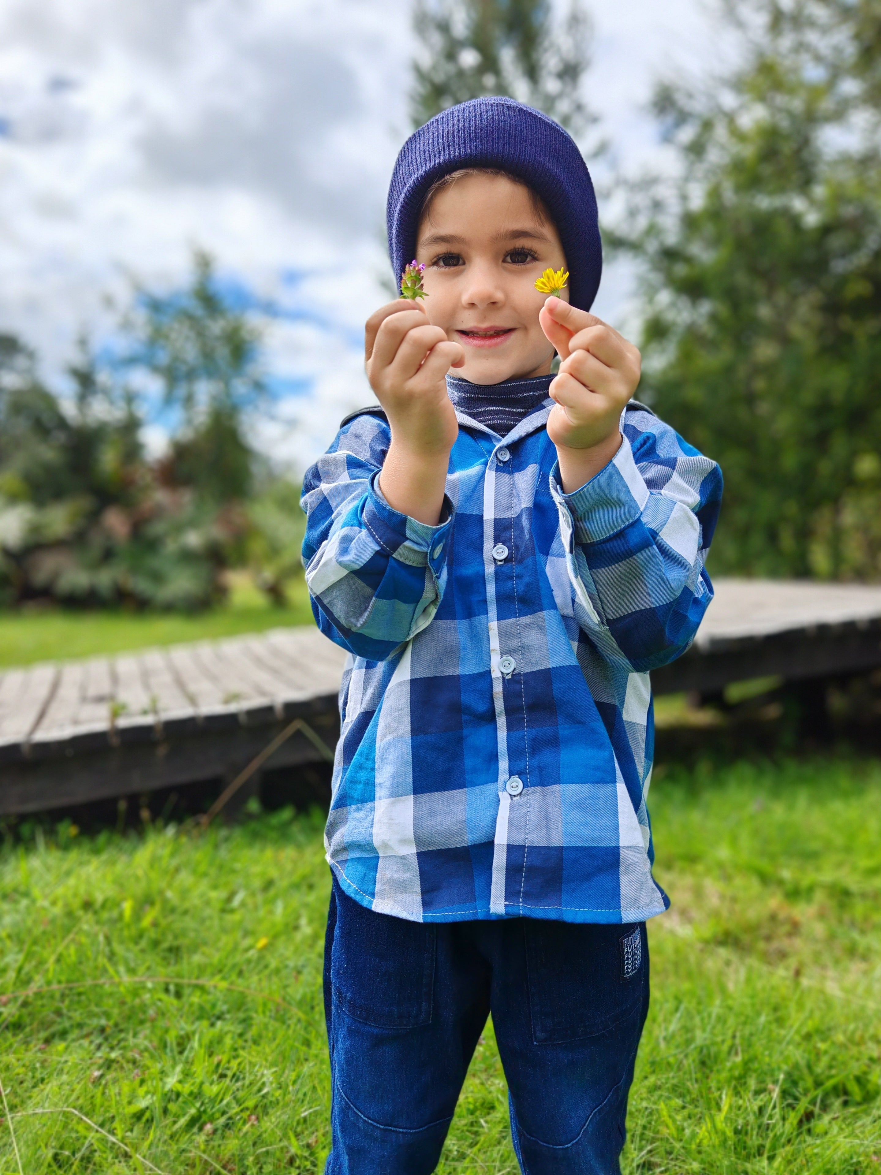 Camisa con capucha niño/a 100% algodón Franela cuadros azul con blanco