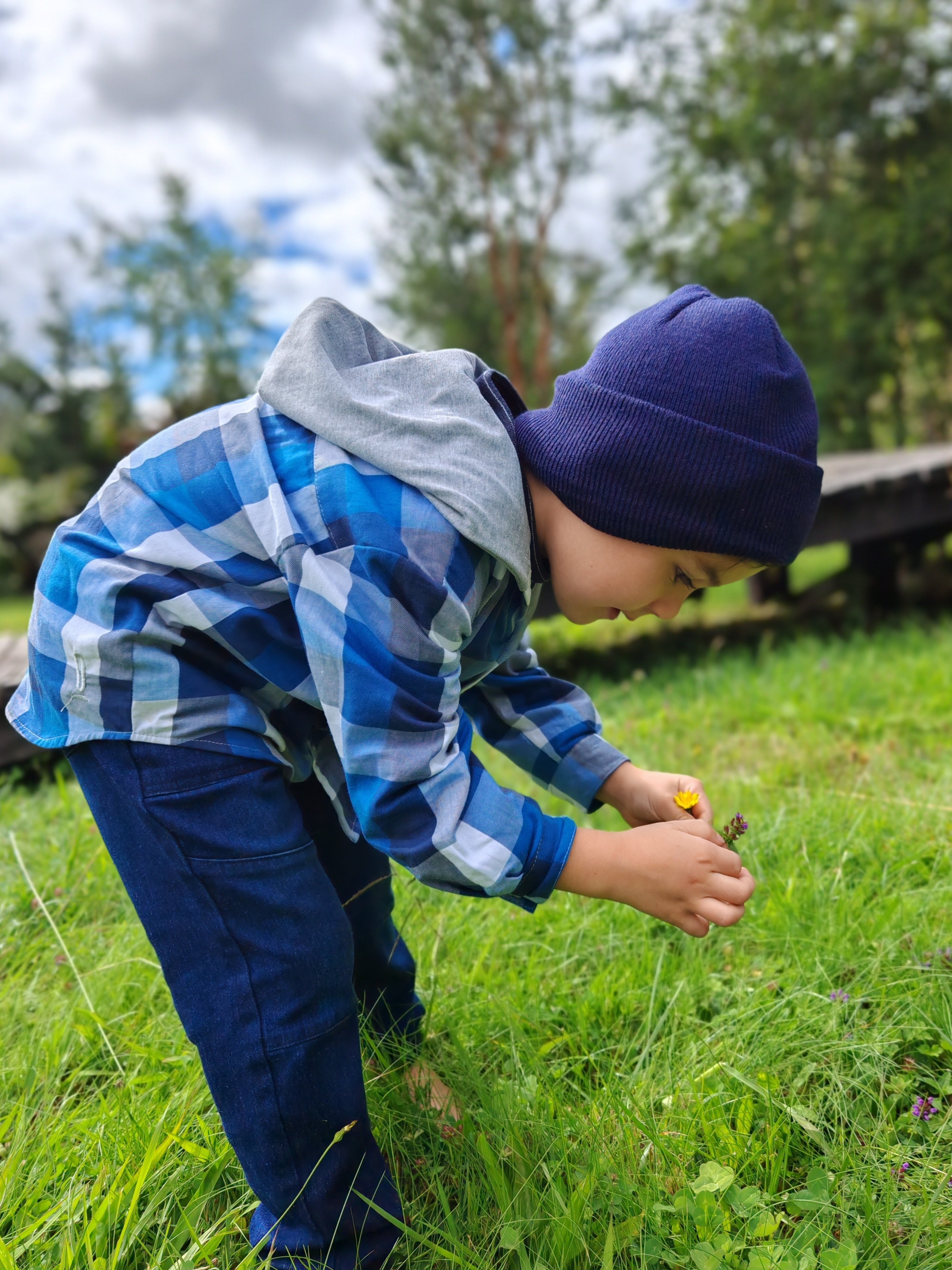 Camisa con capucha niño/a 100% algodón Franela cuadros azul con blanco