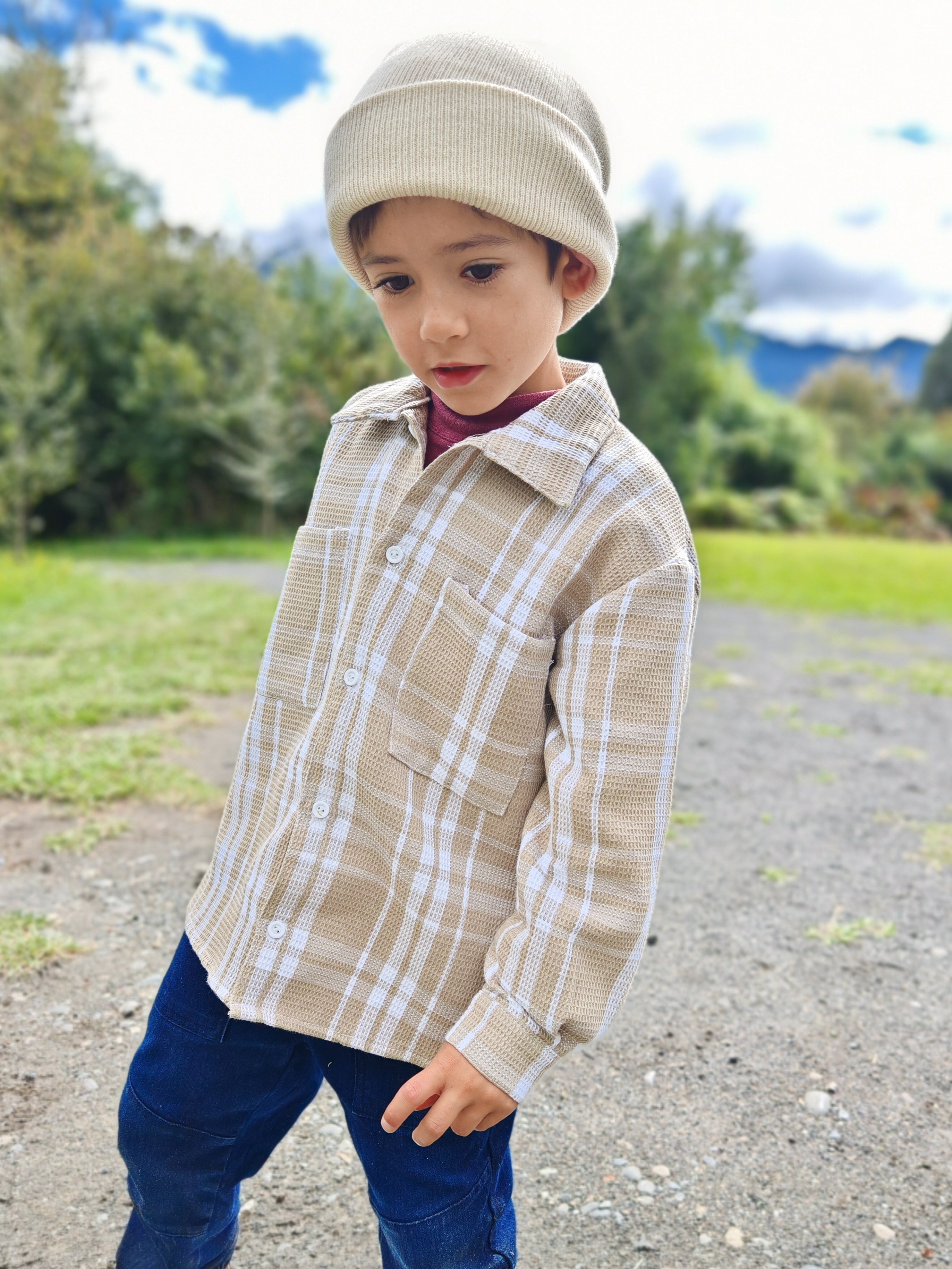 Camisera Infantil Unisex cuadrille beige/blanco | 100% Algodón