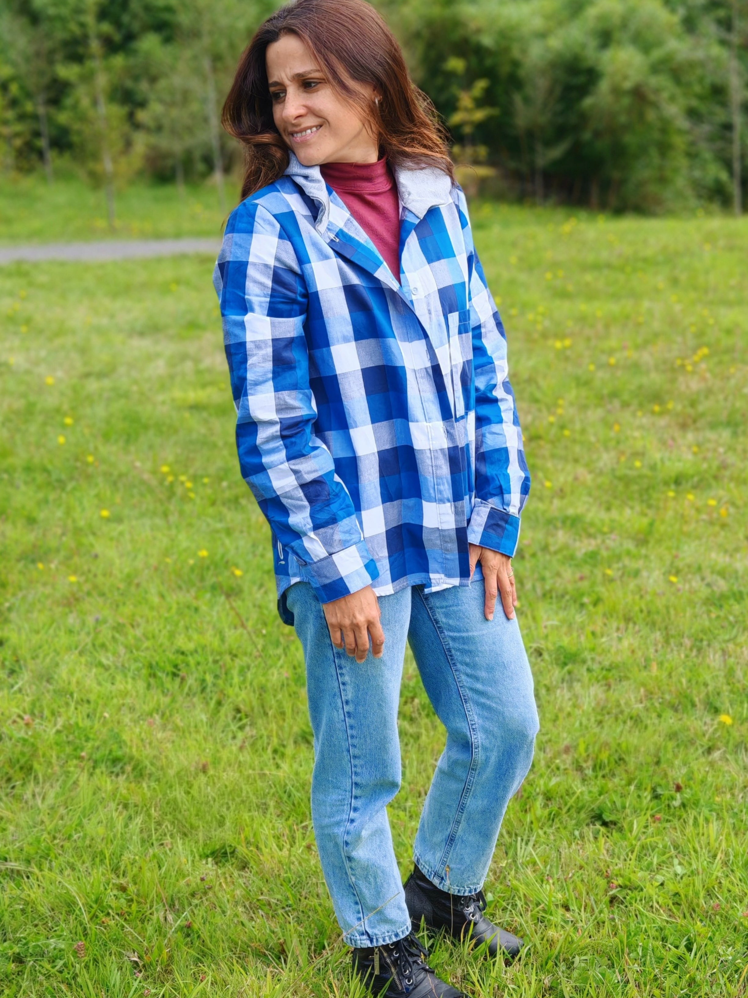 Camisa con capucha Mujer 100% algodón Franela cuadros azul con blanco