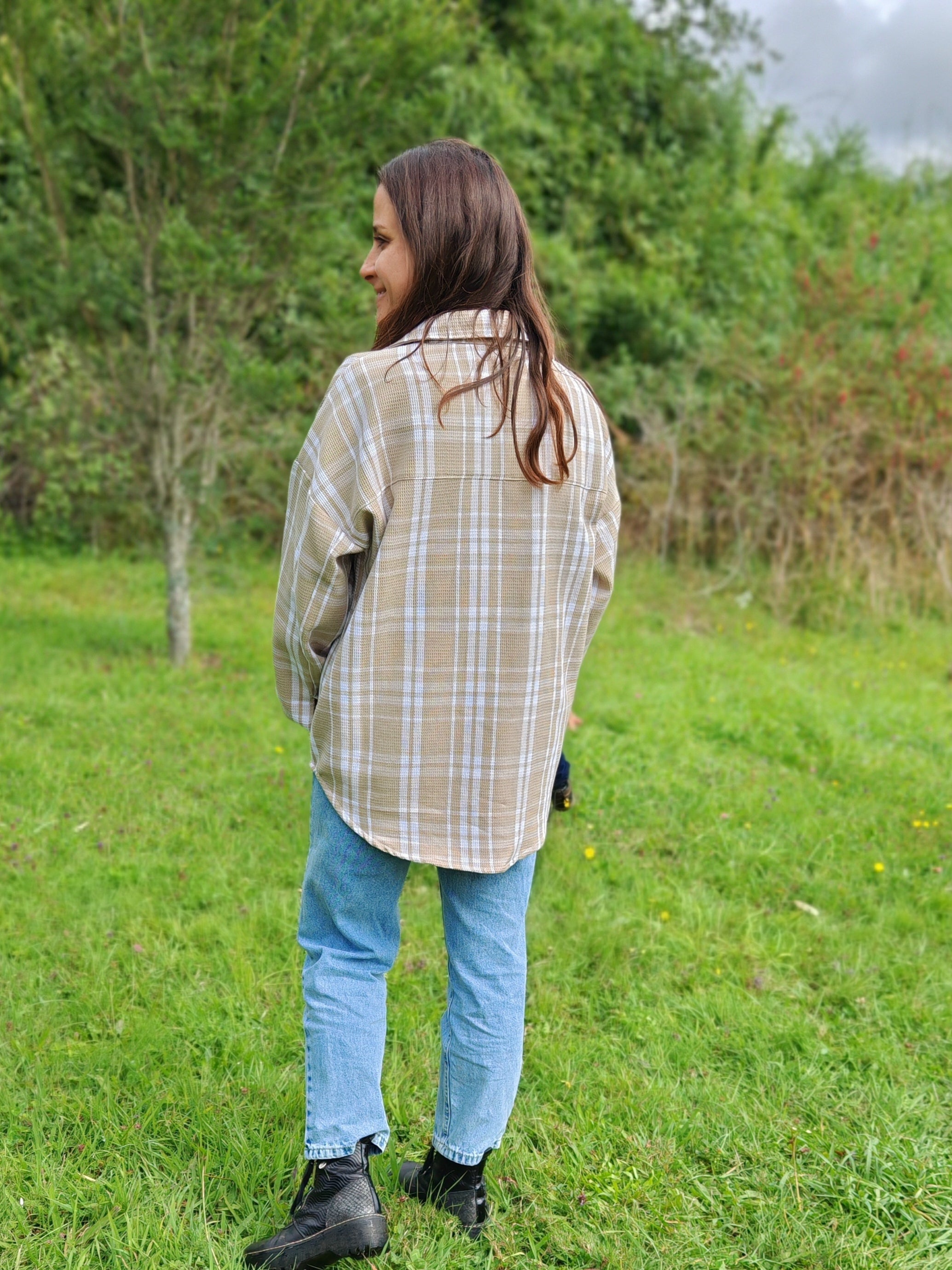 Camisera Mujer Rayas cuadrille Beige/Blanco | 100% Algodón