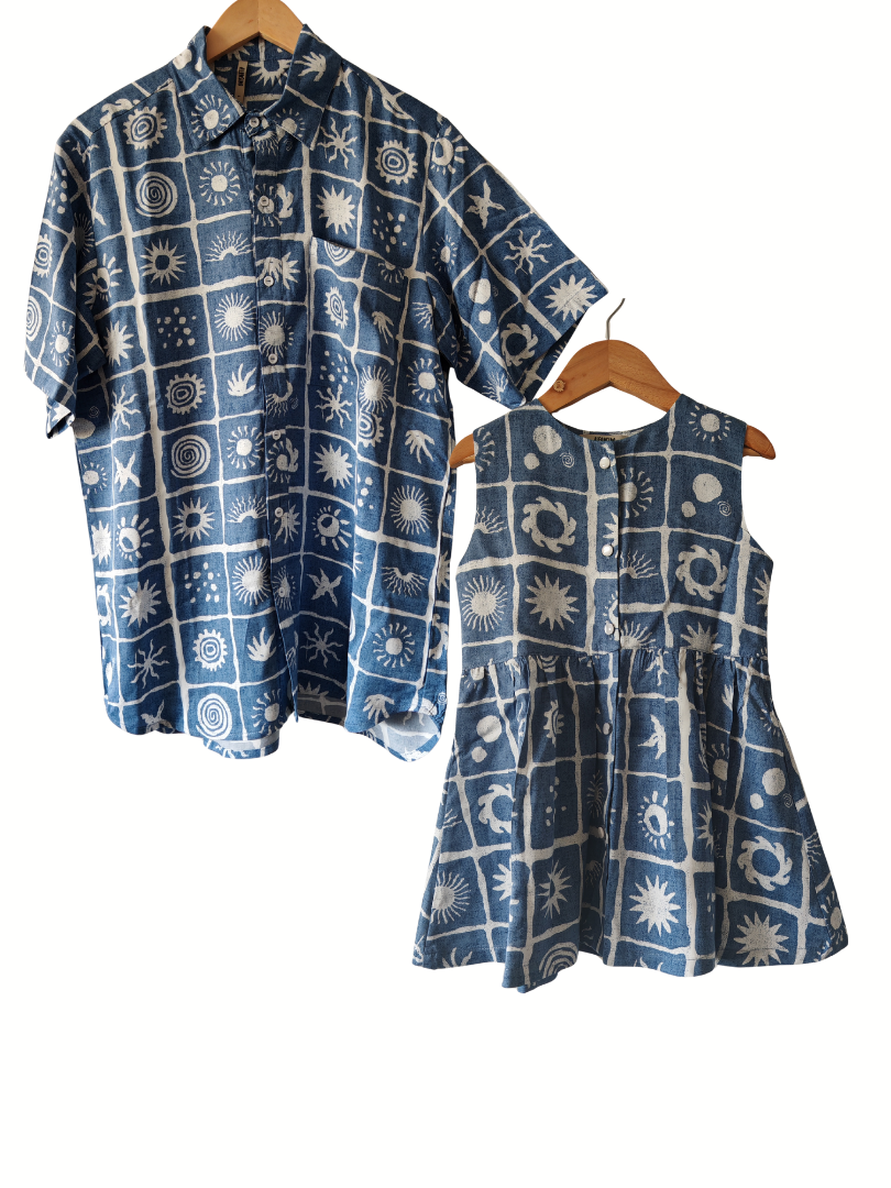 Pack Guayabera Alfonsino Papá + Vestido Alfonsino hija estampado artesanal