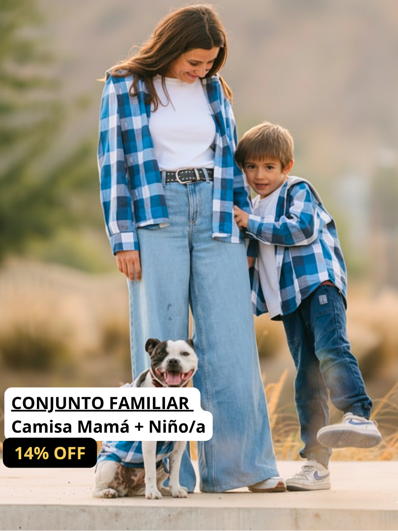 Pack 2 Camisas Gustavo Mamá + hijo/a cuadros azul con blanco