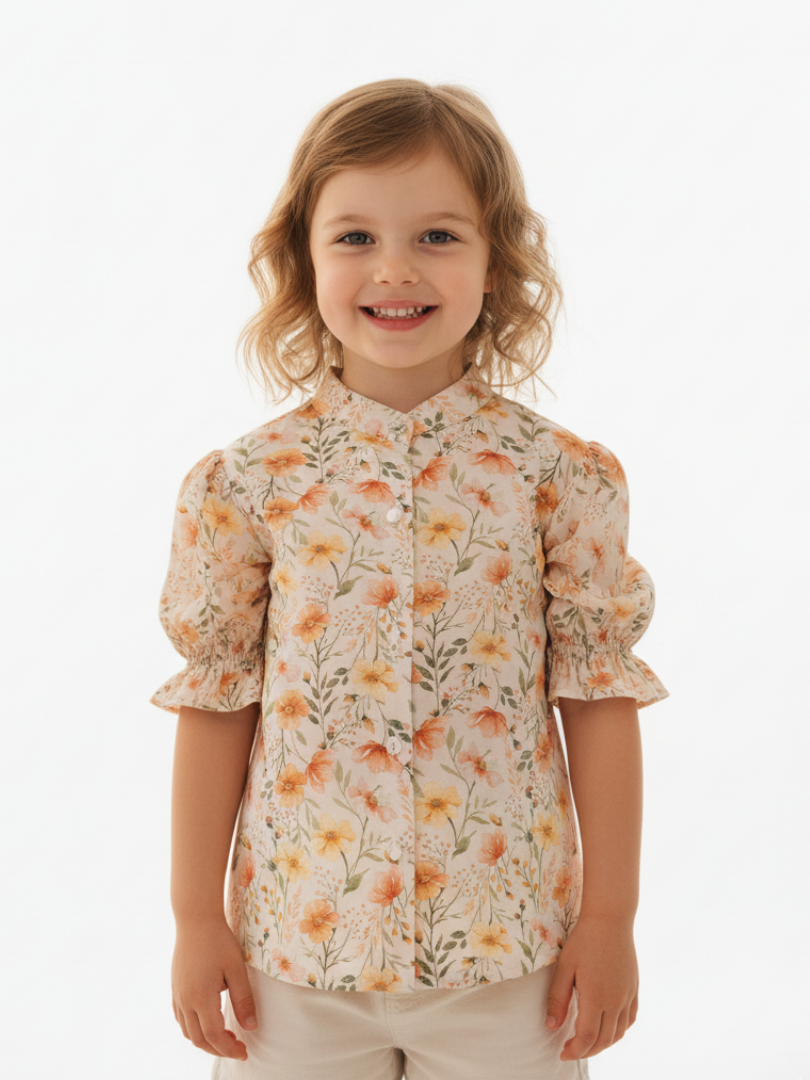 Blusa niña Flores cuello Mao 100% Viscosa