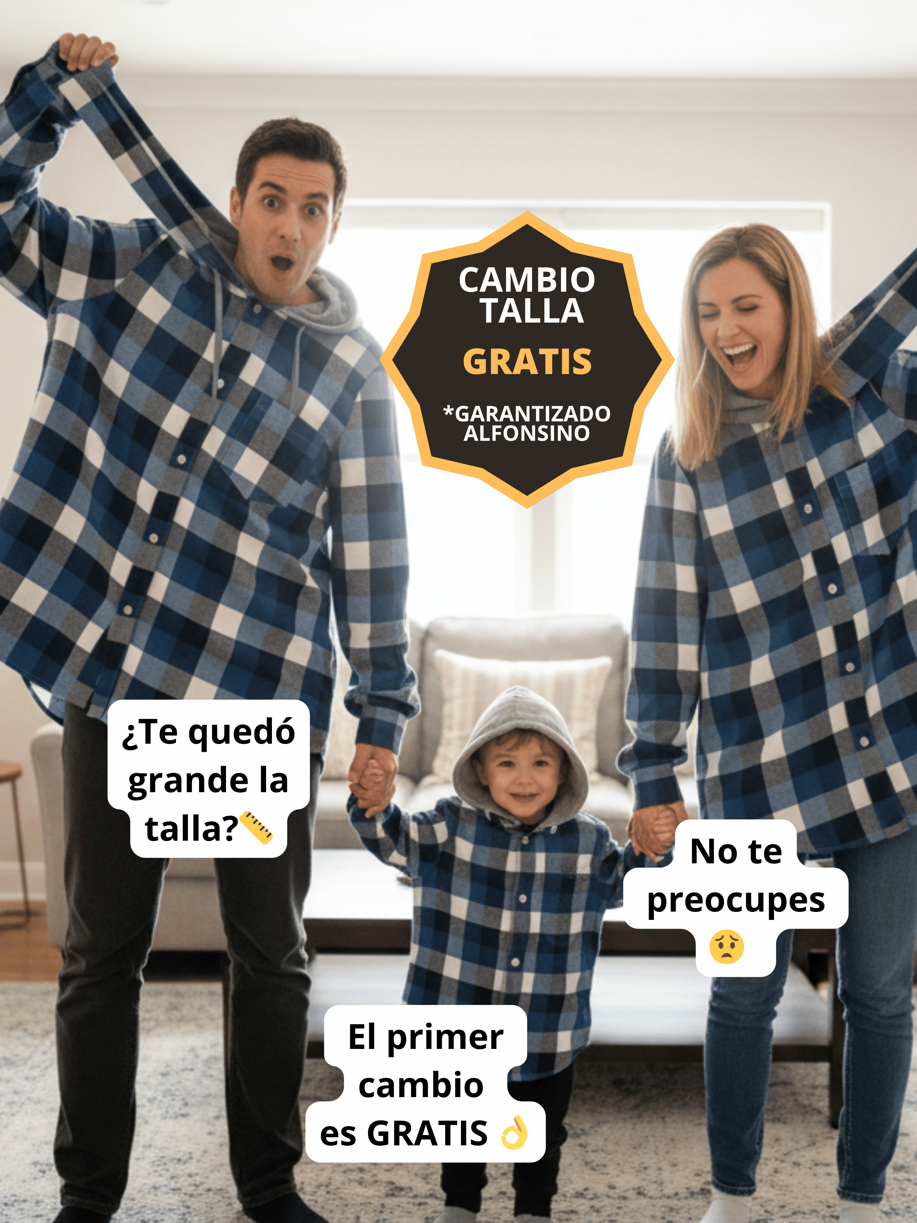 Pack 3 Camisas Franela Papá + Mamá + hijo/a | Cuadrillé Azul con Capucha | 100% Algodón