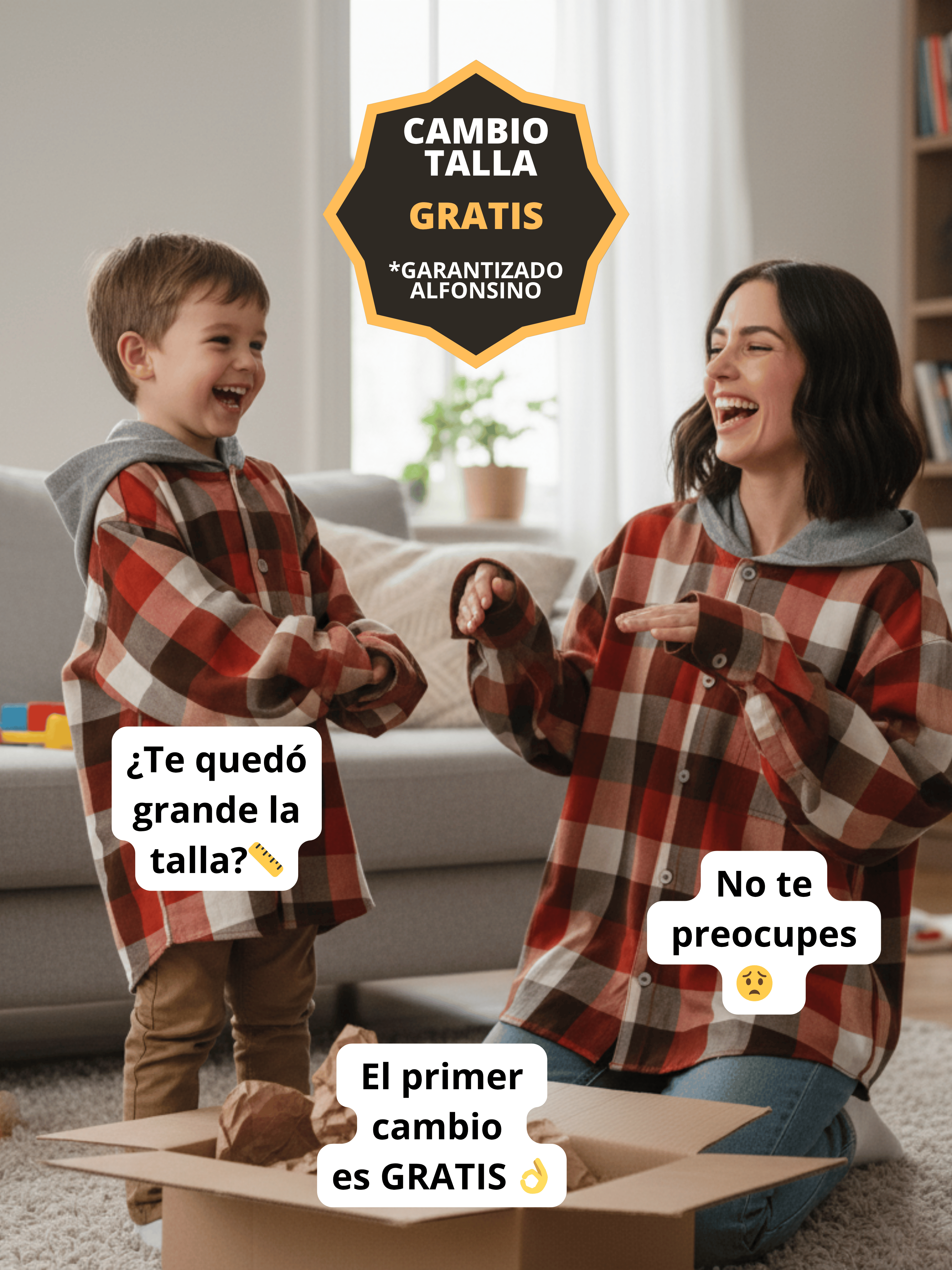 Pack 2 Camisas con capucha Mamá + hijo/a cuadros terracota con blanco