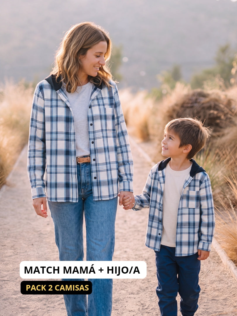 Pack 2 Camisas Franela con capucha Mamá + hijo Azul con blanco 100% Algodón