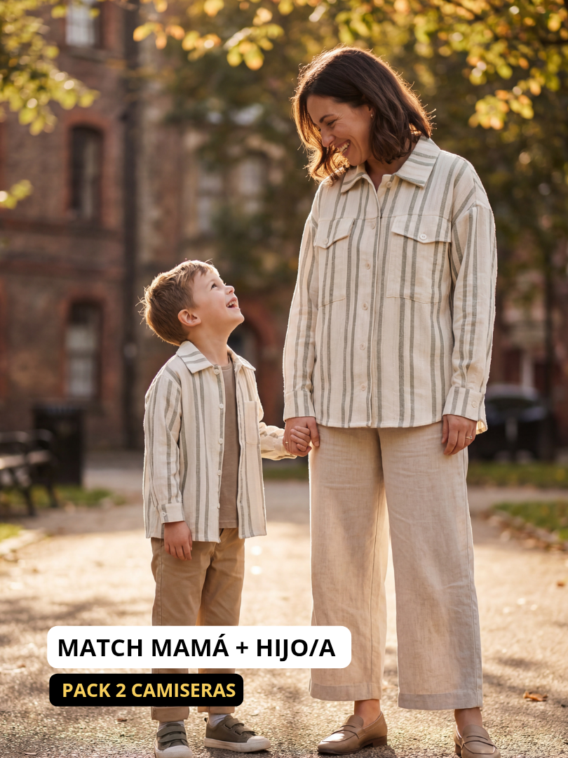 Pack 2 Camiseras Mamá + hijo/a | Rayas Verde Oliva | 100% Algodón