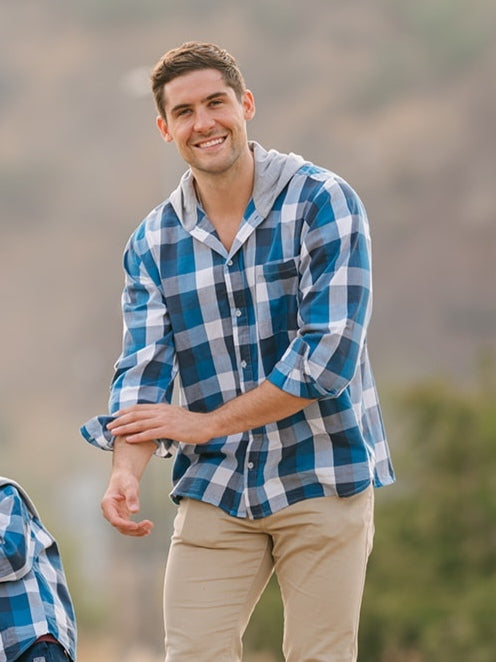 Camisa con capucha Hombre 100% algodón Franela cuadros azul con blanco