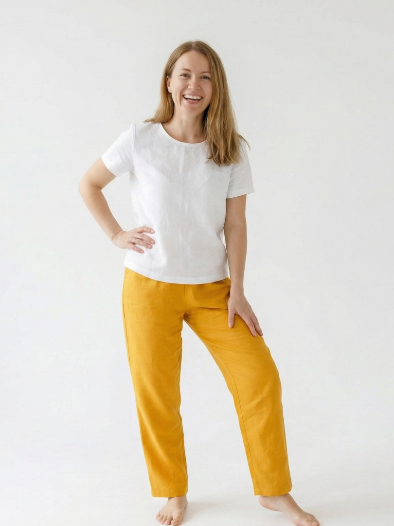 Pantalón Mujer 100% Lino color Mostaza