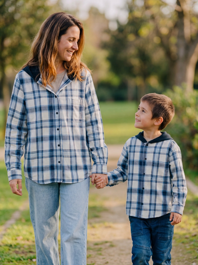 Pack 2 Camisas Franela con capucha Mamá + hijo Azul con blanco 100% Algodón