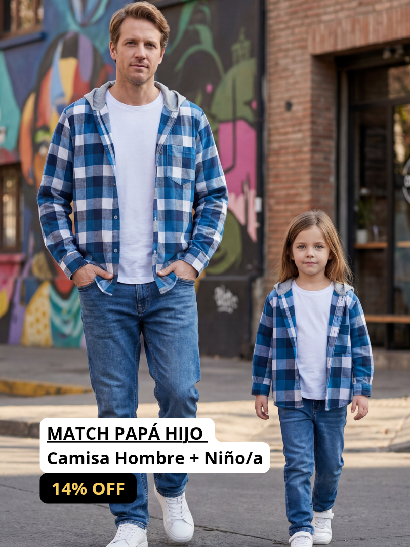 Pack 2 Camisas con capucha Papá + hijo/a cuadros azul con blanco