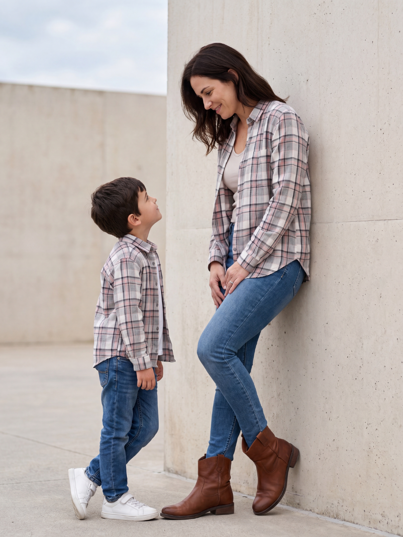 Pack 2 Camisas Franela Mamá + hijo/a | Gris/Rosado 100% Algodón