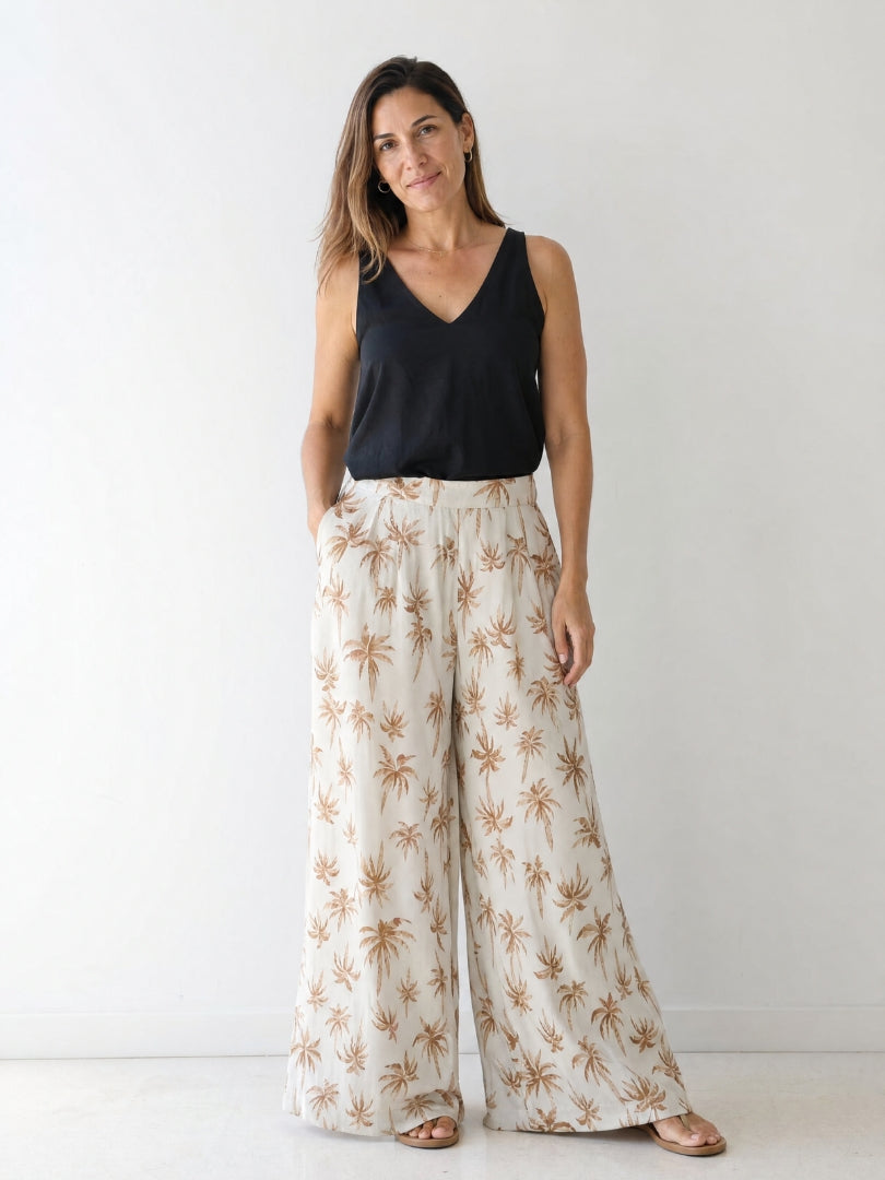 Pantalón Palazzo Mujer Palmeras Crudo/Terracota 100% Algodón