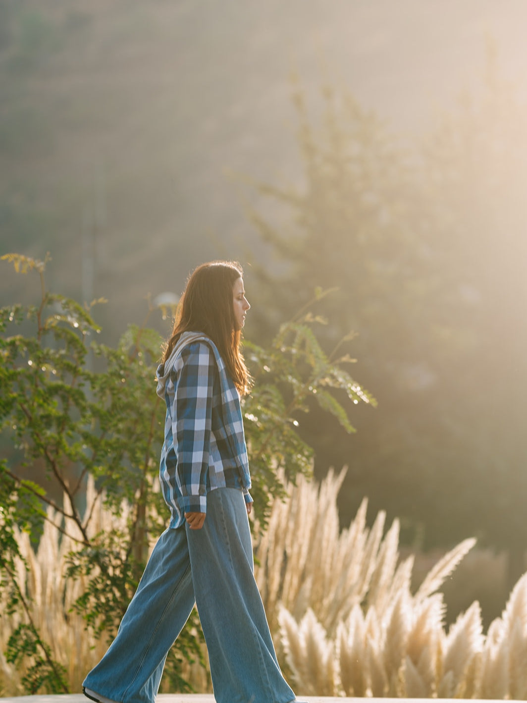 Camisa con capucha Mujer 100% algodón Franela cuadros azul con blanco
