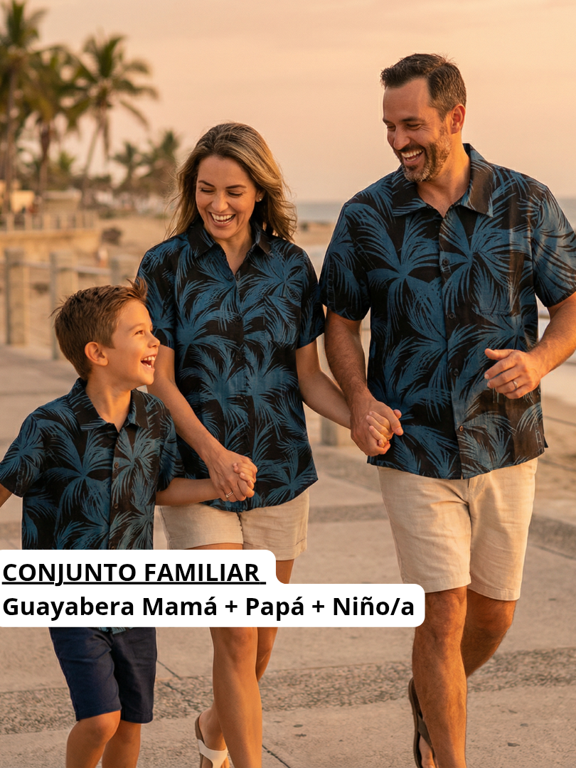 Pack 3 Guayaberas a juego para Papá + Mamá + Hijo/a 100% algodón