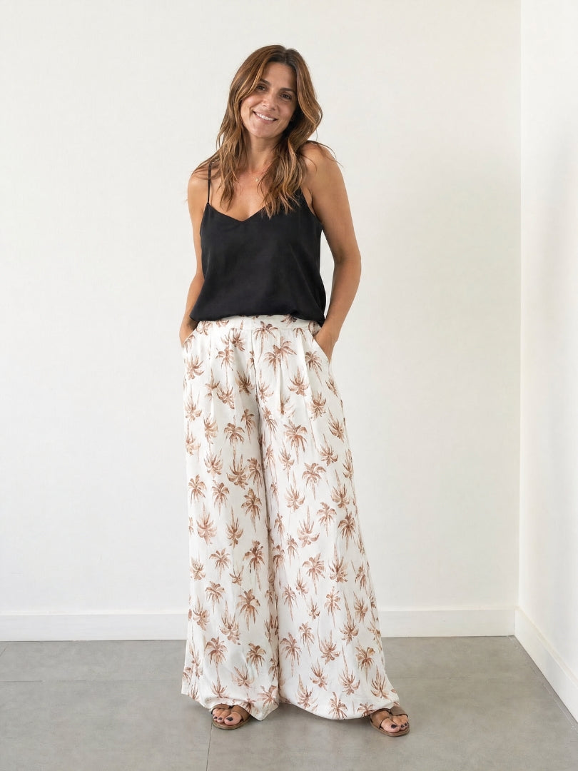 Pantalón Palazzo Mujer Palmeras Crudo/Terracota 100% Algodón