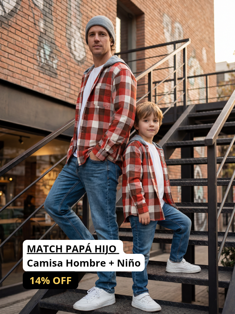 Pack 2 Camisas con capucha Papá + hijo/a cuadros terracota con blanco