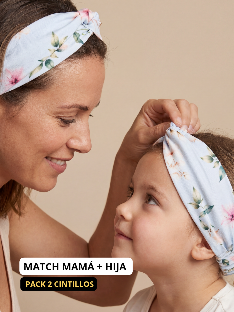 Pack 2 Cintillos Floral celeste Mamá-Hija 100% Viscosa