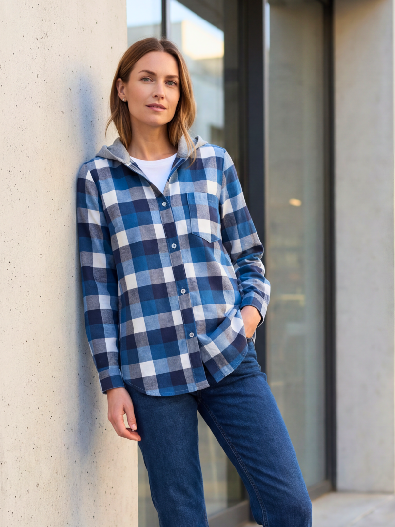 Camisa con capucha Mujer 100% algodón Franela cuadros azul con blanco