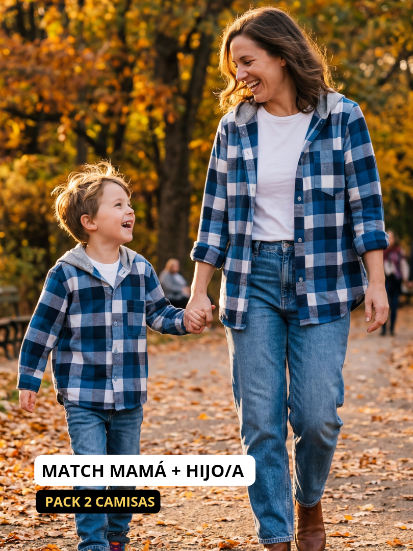 Pack 2 Camisas Franela Mamá + hijo/a | Cuadrillé Azul con Capucha | 100% Algodón