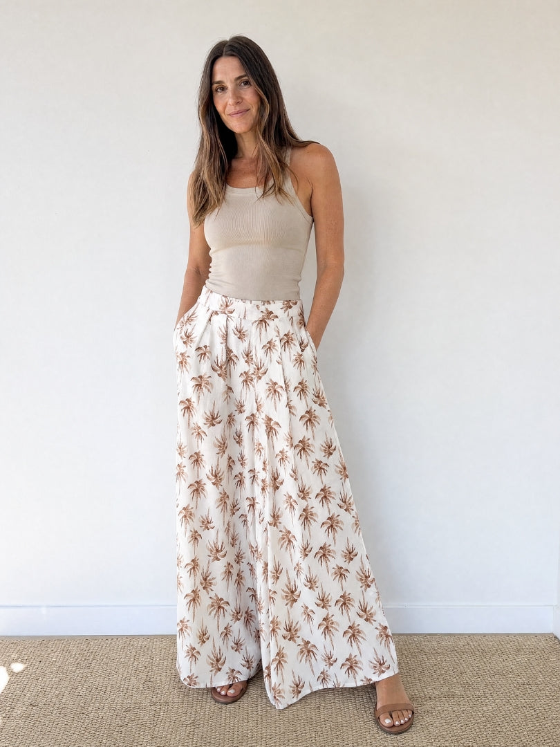 Pantalón Palazzo Mujer Palmeras Crudo/Terracota 100% Algodón