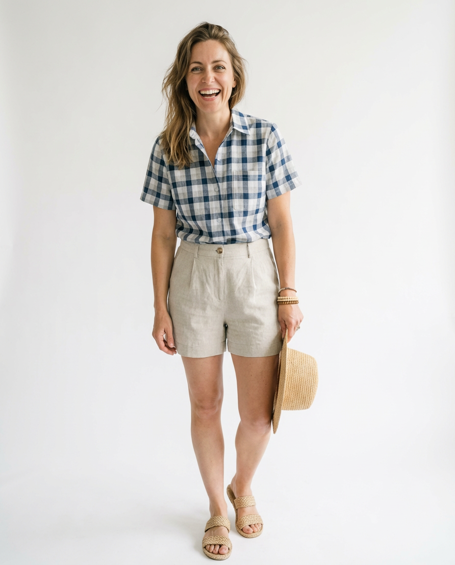Camisa manga corta Mujer 100% algodón cuadrille