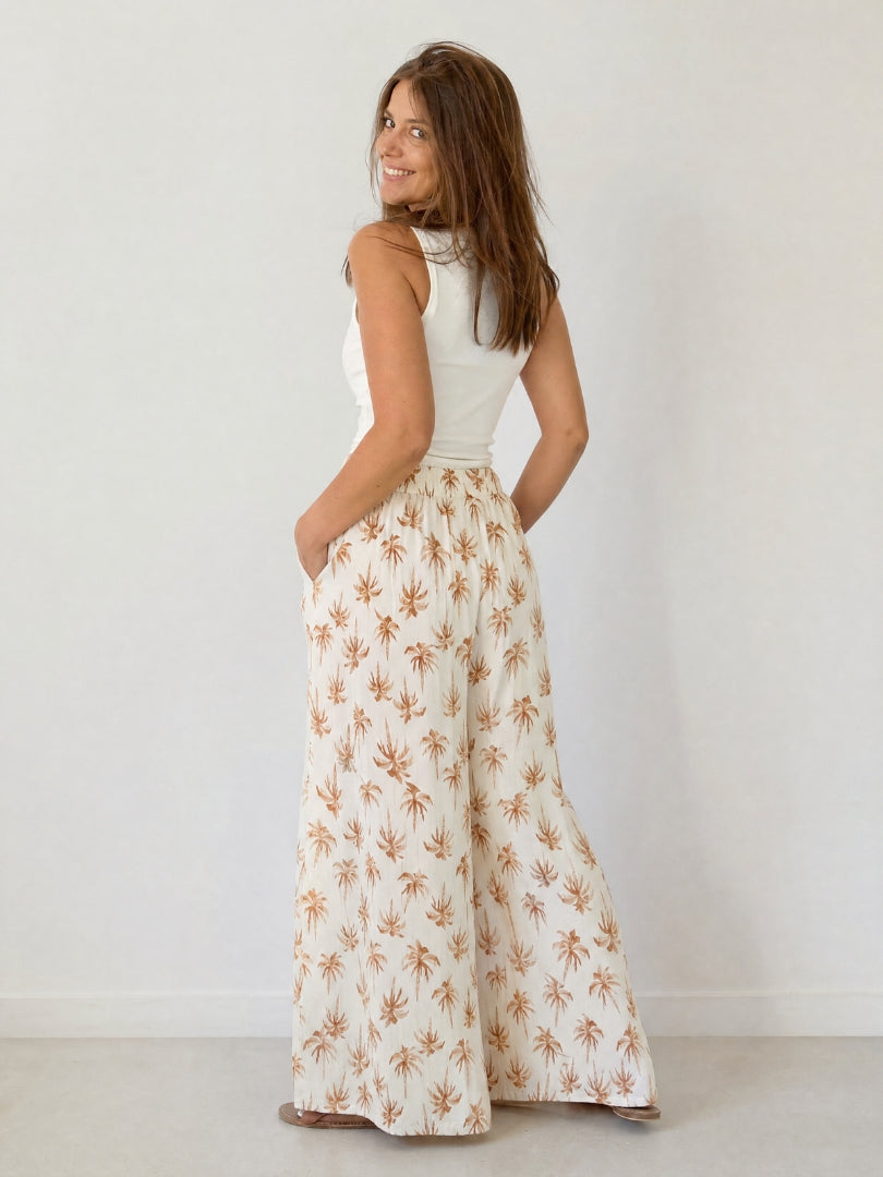 Pantalón Palazzo Mujer Palmeras Crudo/Terracota 100% Algodón