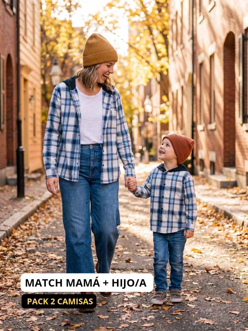 Pack 2 Camisas Franela con capucha Mamá + hijo/a | Azul con blanco 100% Algodón