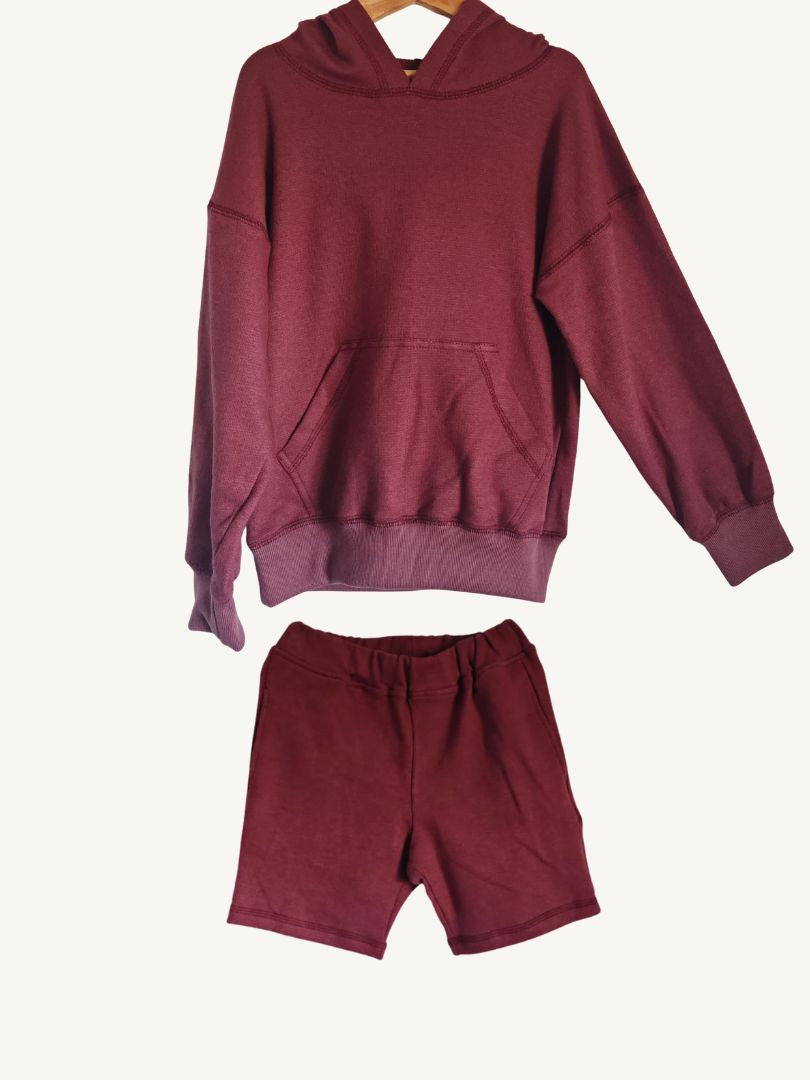 Conjunto Polerón con Capucha + Short Niño color Burdeo Algodón