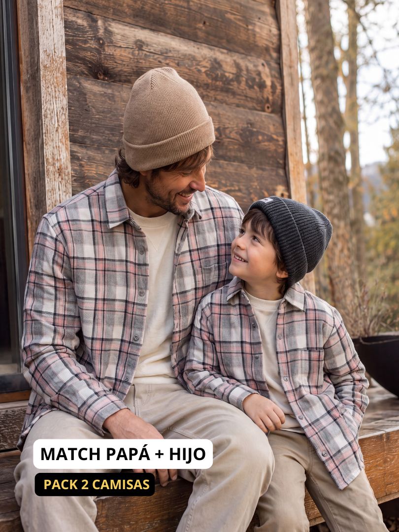 Pack 2 Camisas Franela Papá + hijo/a | Gris/Rosado 100% Algodón