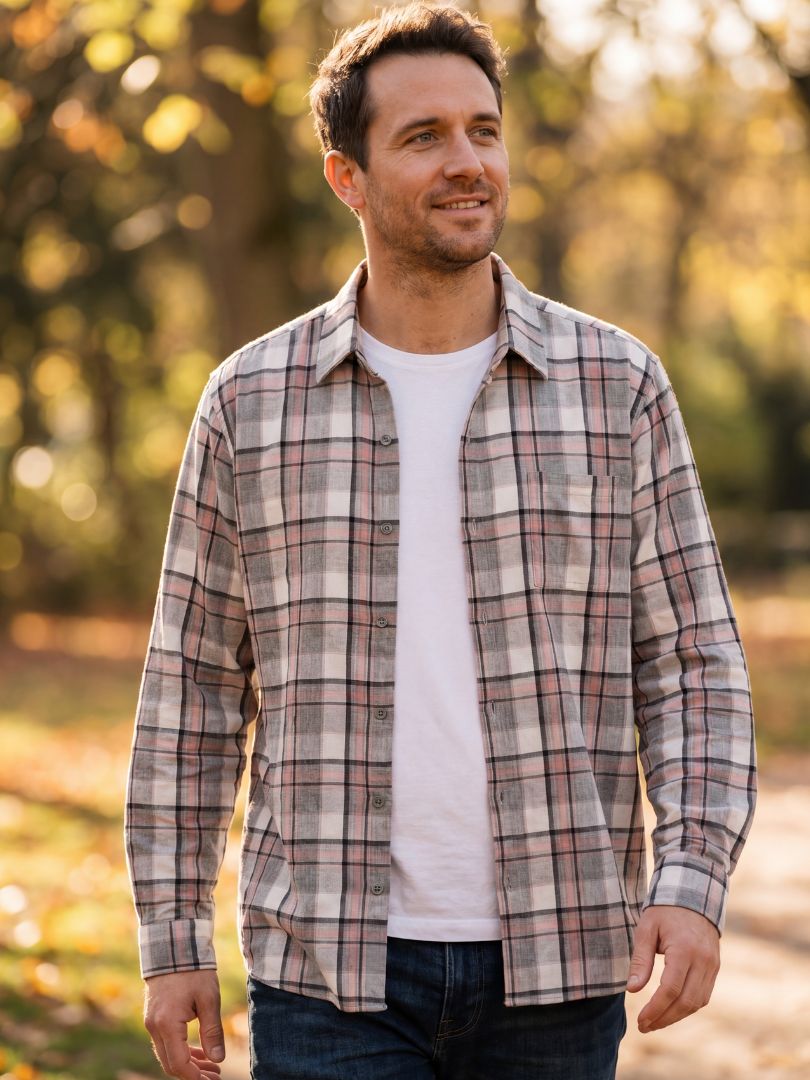 Camisa Franela Hombre | Gris/Rosado 100% Algodón