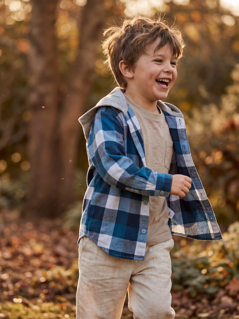Camisa con capucha niño/a 100% algodón Franela cuadros azul con blanco