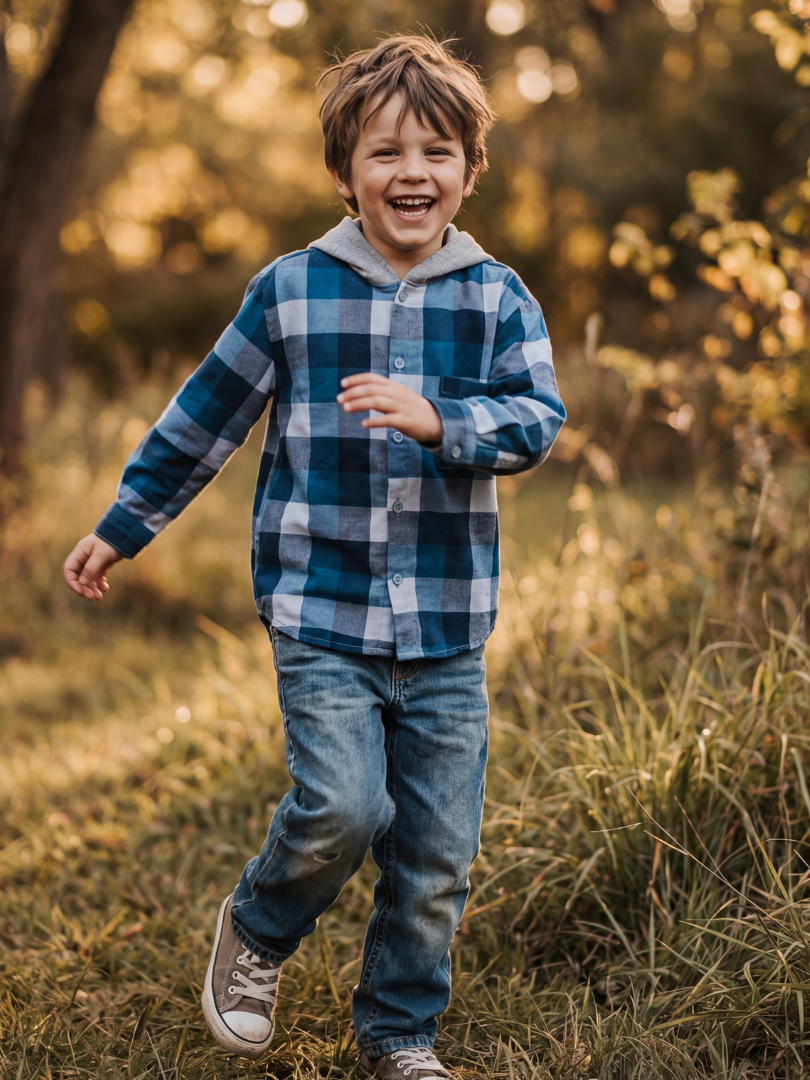 Camisa con capucha niño/a 100% algodón Franela cuadros azul con blanco